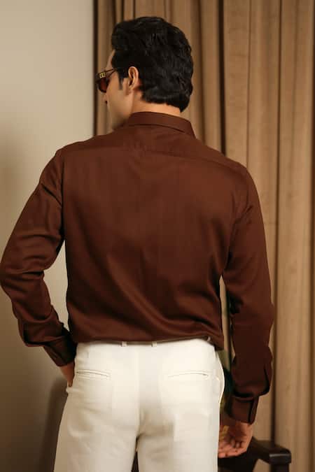 Runit Gupta_Brown Vegan Silk Embroidery, Metallic Thread Patch Shirt _Online_at_Aza_Fashions