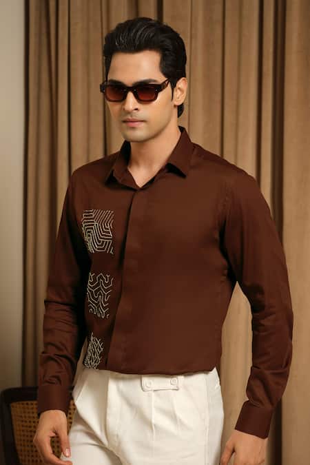Shop_Runit Gupta_Brown Vegan Silk Embroidery, Metallic Thread Patch Shirt _Online_at_Aza_Fashions