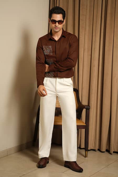 Runit Gupta_Brown Vegan Silk Embroidery, Metallic Thread Patch Shirt _at_Aza_Fashions