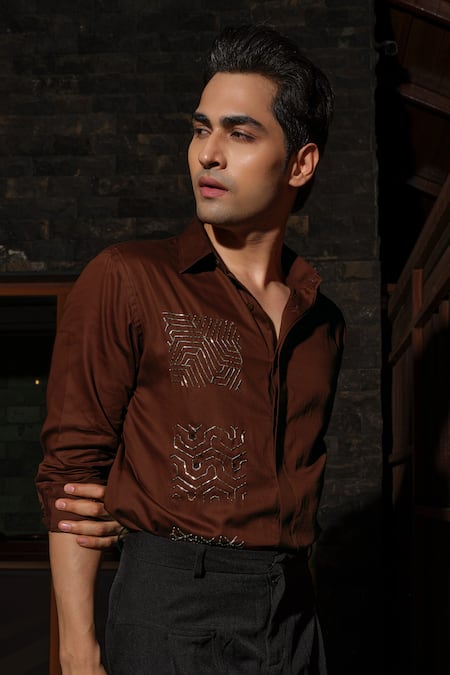 Buy_Runit Gupta_Brown Vegan Silk Embroidery, Metallic Thread Patch Shirt 