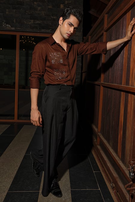 Shop_Runit Gupta_Brown Vegan Silk Embroidery, Metallic Thread Patch Shirt 