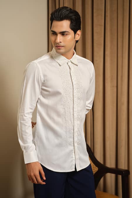 Buy_Runit Gupta_Ivory Vegan Silk Embroidery Rush Tux Shirt _Online_at_Aza_Fashions