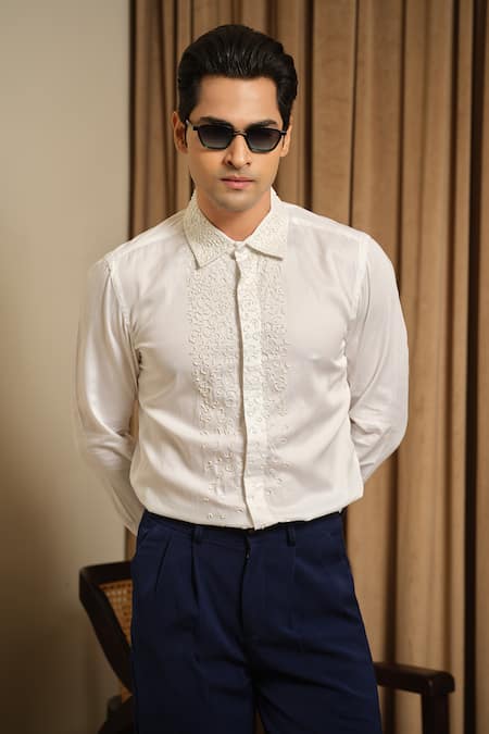 Shop_Runit Gupta_Ivory Vegan Silk Embroidery Rush Tux Shirt _Online_at_Aza_Fashions
