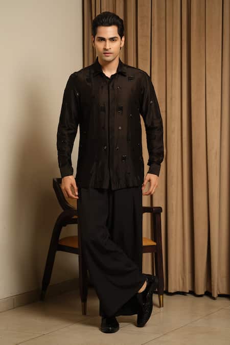 Runit Gupta_Black Chanderi Silk Embroidery Embellished Shirt _at_Aza_Fashions