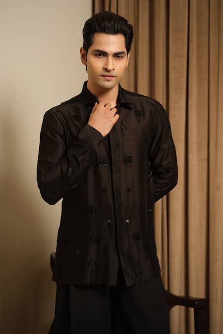 Buy_Runit Gupta_Black Chanderi Silk Embroidery Embellished Shirt 