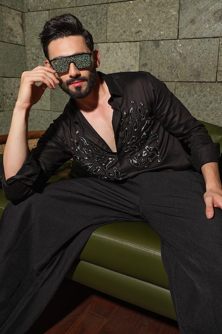 Runit Gupta_Black Vegan Silk Sequins Silver Splash Shirt _Online_at_Aza_Fashions