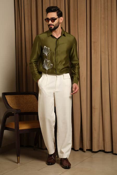 Shop_Runit Gupta_Olive Green Chanderi Silk Beads, Cut Work Ginkgo Party Shirt _Online_at_Aza_Fashions