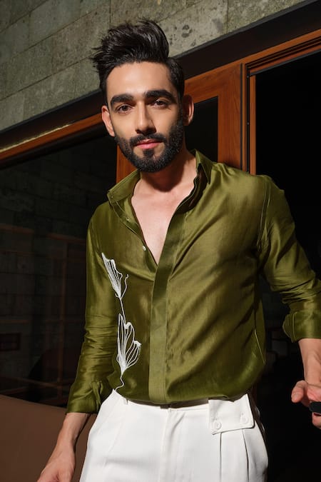 Runit Gupta_Olive Green Chanderi Silk Beads, Cut Work Ginkgo Party Shirt _at_Aza_Fashions