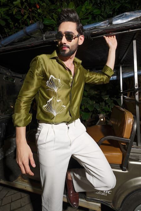 Buy_Runit Gupta_Olive Green Chanderi Silk Beads, Cut Work Ginkgo Party Shirt 