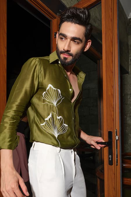 Shop_Runit Gupta_Olive Green Chanderi Silk Beads, Cut Work Ginkgo Party Shirt 