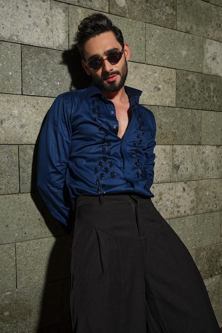 Runit Gupta_Blue Vegan Silk Embroidery, Beads Arrow Shirt _at_Aza_Fashions