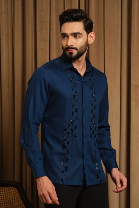 Buy_Runit Gupta_Blue Vegan Silk Embroidery, Beads Arrow Shirt 