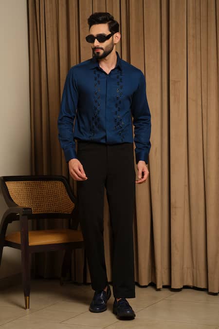 Shop_Runit Gupta_Blue Vegan Silk Embroidery, Beads Arrow Shirt 