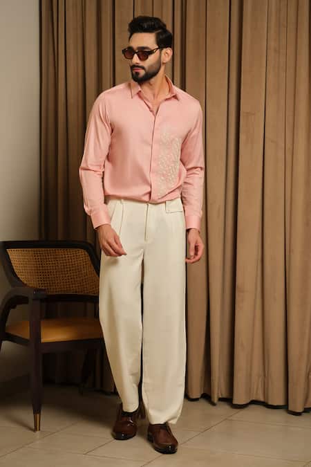 Runit Gupta_Peach Vegan Silk Embroidery Puzzle Party Shirt _Online_at_Aza_Fashions