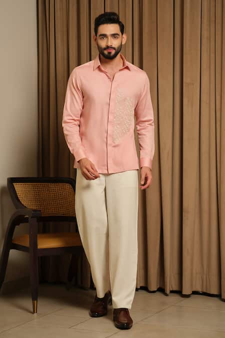 Buy_Runit Gupta_Peach Vegan Silk Embroidery Puzzle Party Shirt _Online_at_Aza_Fashions