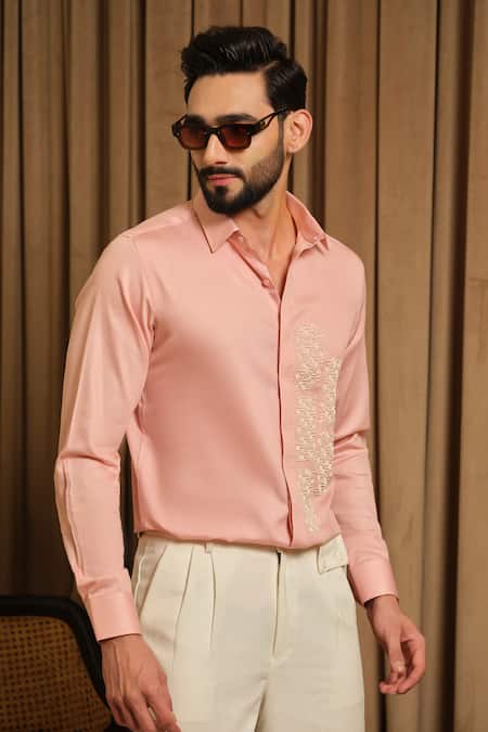 Shop_Runit Gupta_Peach Vegan Silk Embroidery Puzzle Party Shirt _Online_at_Aza_Fashions