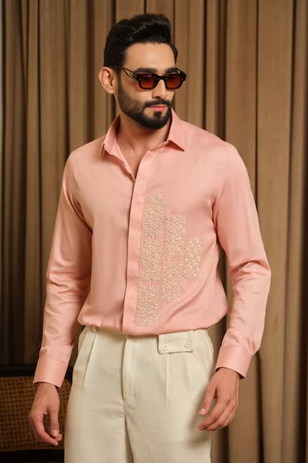 Runit Gupta_Peach Vegan Silk Embroidery Puzzle Party Shirt _at_Aza_Fashions