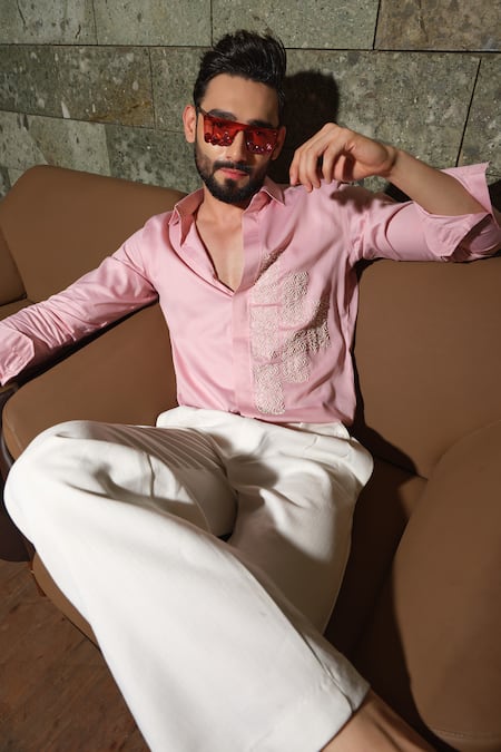 Buy_Runit Gupta_Peach Vegan Silk Embroidery Puzzle Party Shirt 