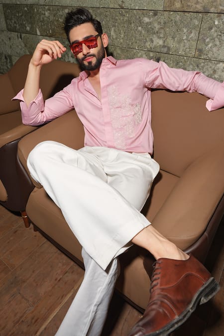 Shop_Runit Gupta_Peach Vegan Silk Embroidery Puzzle Party Shirt 