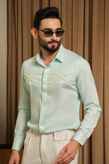 Runit Gupta_Mint Vegan Silk Embroidery Ocean Trail Party Shirt _Online_at_Aza_Fashions