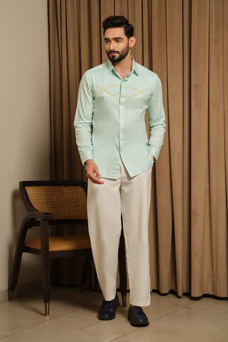 Buy_Runit Gupta_Mint Vegan Silk Embroidery Ocean Trail Party Shirt _Online_at_Aza_Fashions