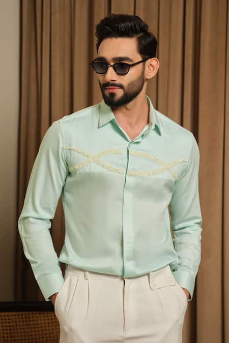 Shop_Runit Gupta_Mint Vegan Silk Embroidery Ocean Trail Party Shirt _Online_at_Aza_Fashions
