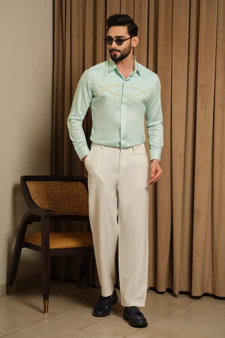 Runit Gupta_Mint Vegan Silk Embroidery Ocean Trail Party Shirt _at_Aza_Fashions