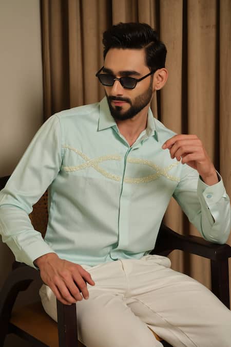Buy_Runit Gupta_Mint Vegan Silk Embroidery Ocean Trail Party Shirt 