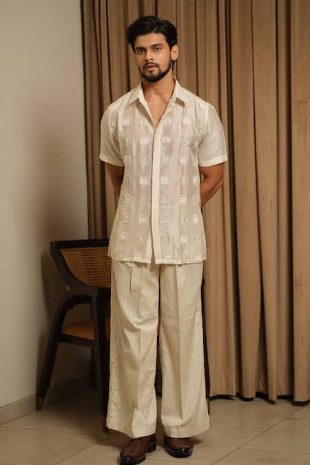 Buy_Runit Gupta_Ivory Chanderi Silk Embroidery Soft Square Shirt _Online_at_Aza_Fashions