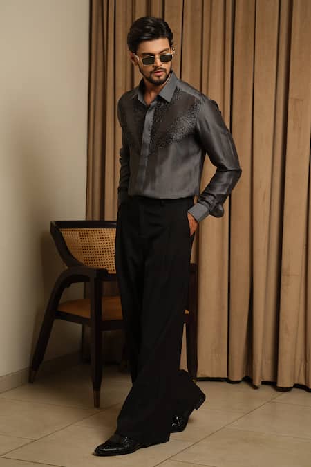 Buy_Runit Gupta_Grey Chanderi Silk Embroidery, Cut Work Tonal Shirt _Online_at_Aza_Fashions