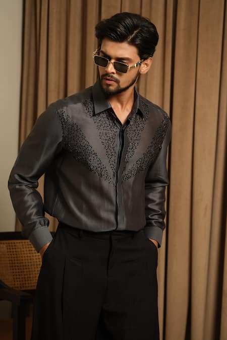 Runit Gupta_Grey Chanderi Silk Embroidery, Cut Work Tonal Shirt _at_Aza_Fashions