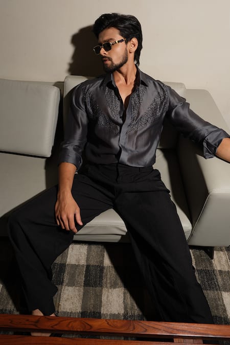 Buy_Runit Gupta_Grey Chanderi Silk Embroidery, Cut Work Tonal Shirt 