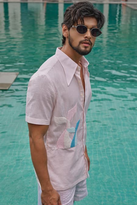 Shop Runit Gupta Pink Cotton, Linen Applique Aqua Trace Shirt Shop_Runit Gupta_Pink Cotton, Linen Applique Aqua Trace Shirt