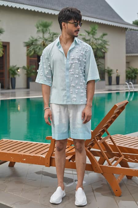 Runit Gupta Blue Cotton, Linen Fringe Sky Shirt Online at Aza Fashions Runit Gupta_Blue Cotton, Linen Fringe Sky Shirt _Online_at_Aza_Fashions