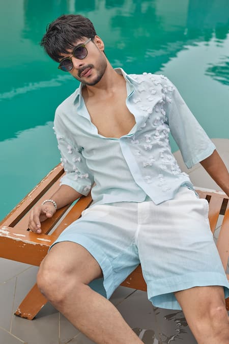 Buy Runit Gupta Blue Cotton, Linen Fringe Sky Shirt Buy_Runit Gupta_Blue Cotton, Linen Fringe Sky Shirt