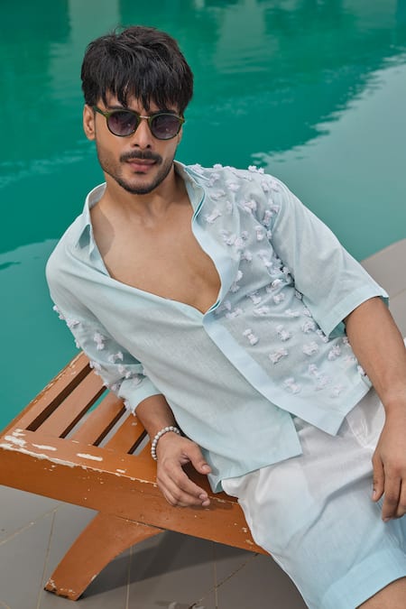 Shop Runit Gupta Blue Cotton, Linen Fringe Sky Shirt Shop_Runit Gupta_Blue Cotton, Linen Fringe Sky Shirt