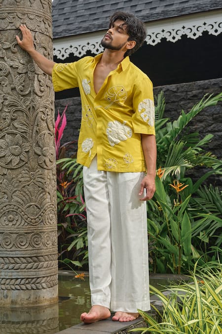 Buy_Runit Gupta_Yellow Cotton, Linen Applique Monstera Shirt 