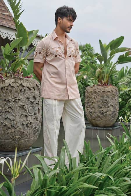 Shop Runit Gupta Pink Cotton, Linen Cut Work Blush Shirt Online at Aza Fashions Shop_Runit Gupta_Pink Cotton, Linen Cut Work Blush Shirt _Online_at_Aza_Fashions