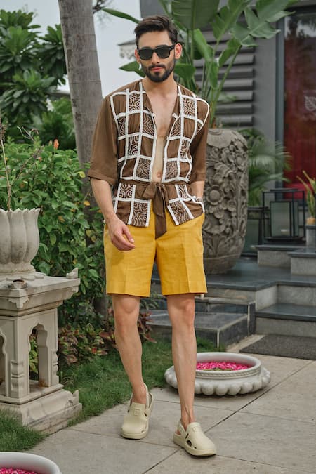 Runit Gupta_Brown Tencel Embroidery Cocoa Dori Shirt _Online_at_Aza_Fashions