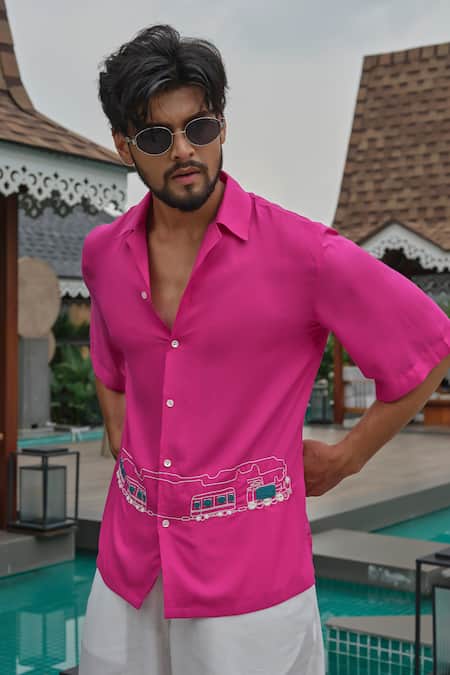 Buy_Runit Gupta_Magenta Tencel Embroidery Train Shirt _Online_at_Aza_Fashions