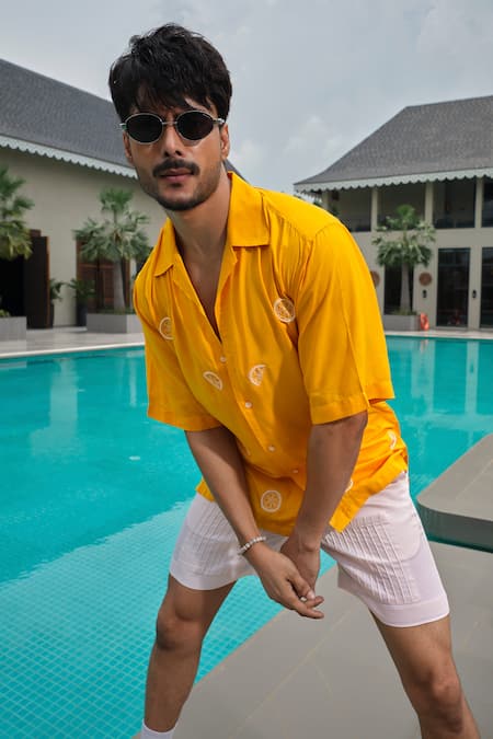 Runit Gupta_Yellow Tencel Embroidery Lemon Shirt _Online_at_Aza_Fashions