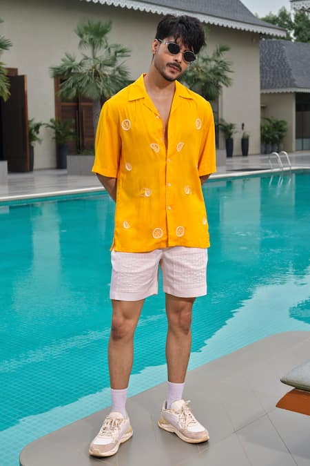 Buy_Runit Gupta_Yellow Tencel Embroidery Lemon Shirt _Online_at_Aza_Fashions