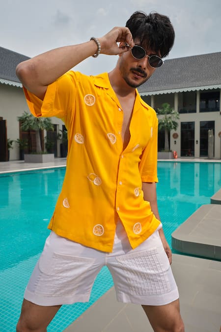 Shop_Runit Gupta_Yellow Tencel Embroidery Lemon Shirt _Online_at_Aza_Fashions