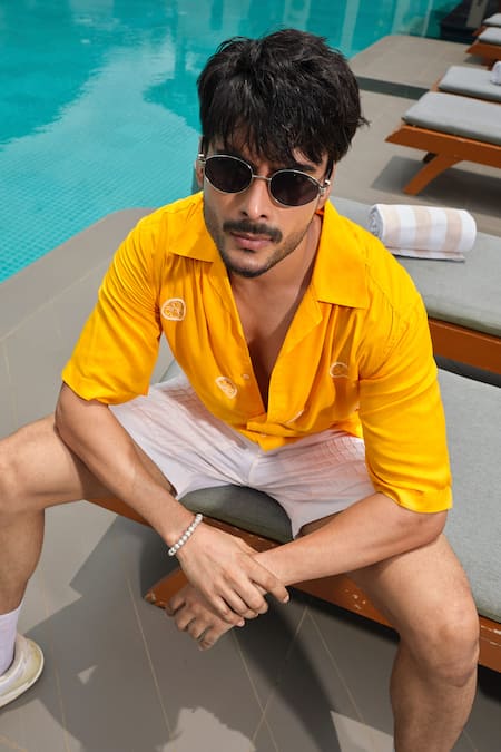 Runit Gupta_Yellow Tencel Embroidery Lemon Shirt _at_Aza_Fashions