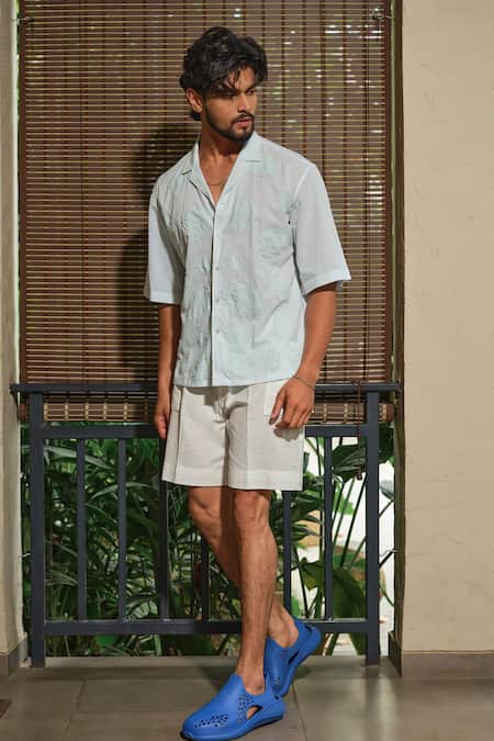 Runit Gupta_Blue Cotton Embroidery Soft Pebble Shirt _at_Aza_Fashions