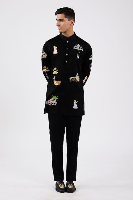 Agraj Jain Black Cats & Cars Embroidered Kurta Set 