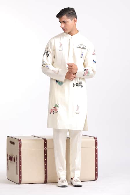 Agraj Jain Ivory Cats & Cars Embroidered Kurta Set 