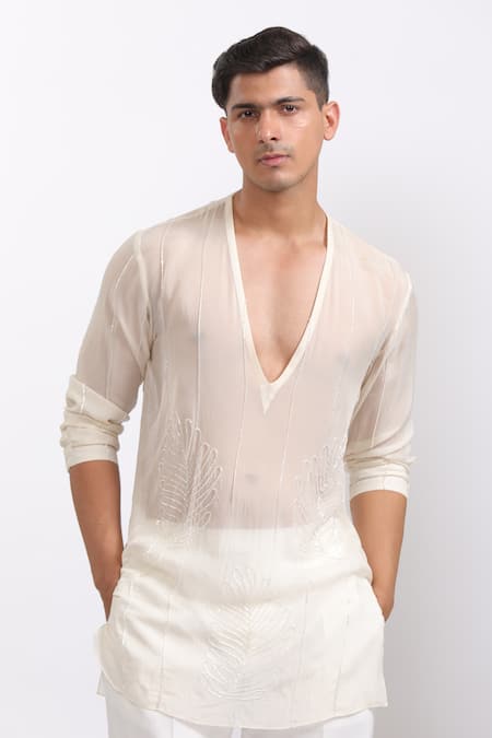 Agraj Jain Leaf Embroidered Sheer Organza Kurta 