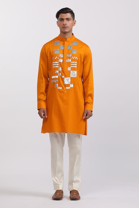 Agraj Jain_Orange Silk, Cotton, Bamboo Sequins Silver Geometric Box Kurta Set _Online_at_Aza_Fashions
