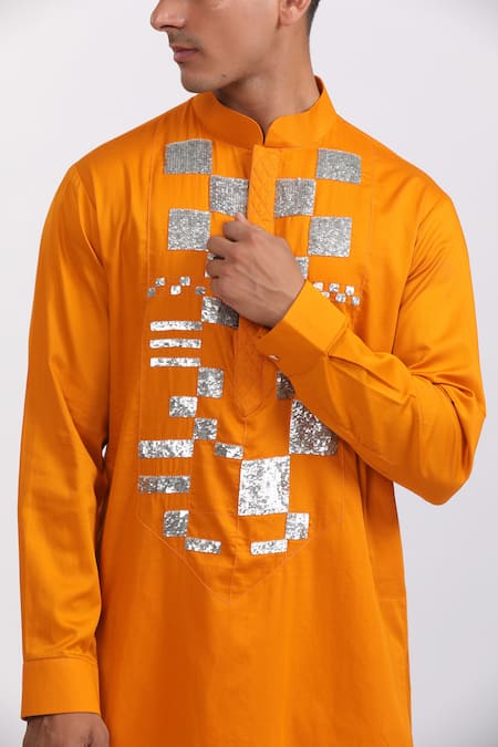 Shop_Agraj Jain_Orange Silk, Cotton, Bamboo Sequins Silver Geometric Box Kurta Set _Online_at_Aza_Fashions